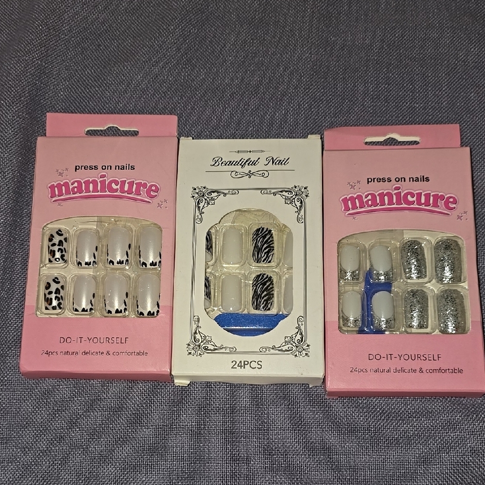3 Press-On Manicure Nail Sets - Animal Print, Zebra & Glitter Designs